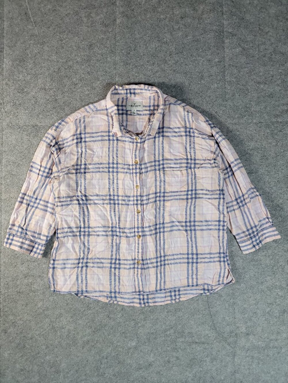 American Eagle Outfitters Pink Blue Plaid Button Up Shirt Womens Size Small